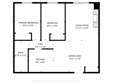 Floor plan for 2 beds, 1 bath, 900 sqft